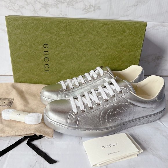 NIB Gucci Ace Mens Low top Interlocking GG Sneaker 660266 Silver Leather US 8 - Picture 1 of 14